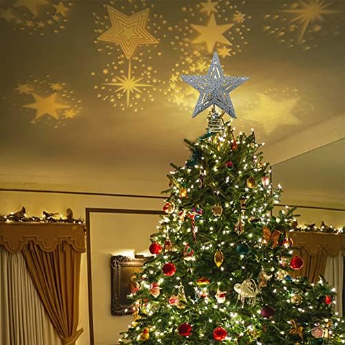 Juegoal karácsonyfa Topper, Kivilágított, Beépített Csillagok LED Projektor fa tetején, világít Üreges Csillogó Csillag Fa