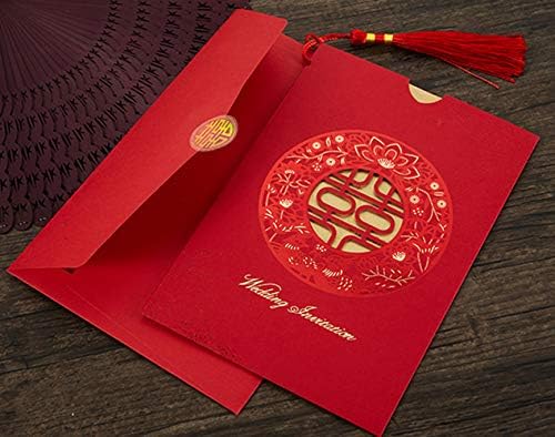 wishforyou 100x Kínai Dupla Boldogság Tassel Vörös Lézeres Vágás, Esküvői Meghívók, kártyák Szalag Spike, Boríték