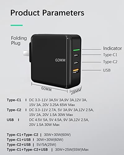 USB-C Töltő, 65W 3-Port GaN PD3.0 Gyors hálózati Töltő, USB-C hálózati Adapter Mutató Kompatibilis MacBook Pro/Air/Dell XPS/iPad/iPhone