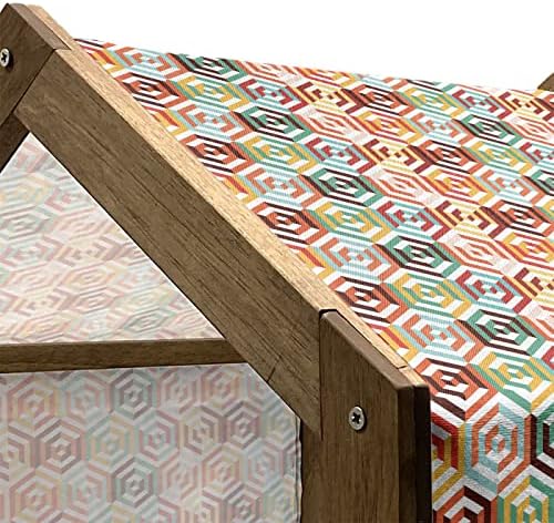 Ambesonne Geometriai Fából készült kutyaház, Absztrakt Kocka Izometrikus Hatszög Alakú Mintát Színes Retro Design Nyomtatás,